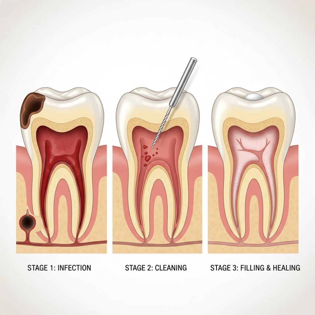 Illustration of root canal therapy procedure